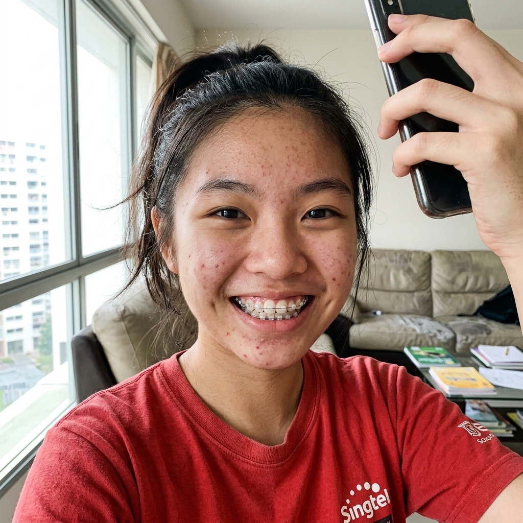 High-contrast close-up of a teenage patient smiling with aesthetic ceramic braces