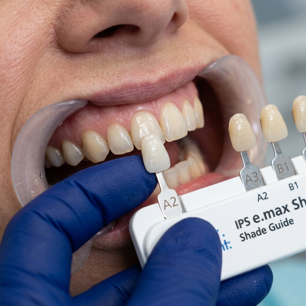 Diagnostic close-up of a veneer matching process by a dental specialist