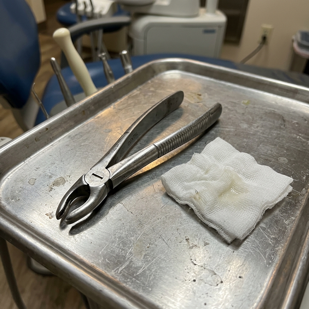 Clinical close-up of wisdom tooth extraction tools